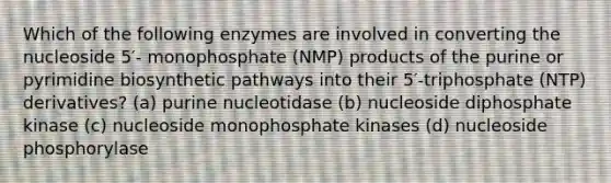 Which of the following enzymes are involved in converting the nucleoside 5′- monophosphate (NMP) products of the purine or pyrimidine biosynthetic pathways into their 5′-triphosphate (NTP) derivatives? (a) purine nucleotidase (b) nucleoside diphosphate kinase (c) nucleoside monophosphate kinases (d) nucleoside phosphorylase