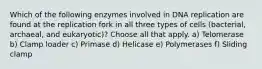 Which of the following enzymes involved in DNA replication are found at the replication fork in all three types of cells (bacterial, archaeal, and eukaryotic)? Choose all that apply. a) Telomerase b) Clamp loader c) Primase d) Helicase e) Polymerases f) Sliding clamp