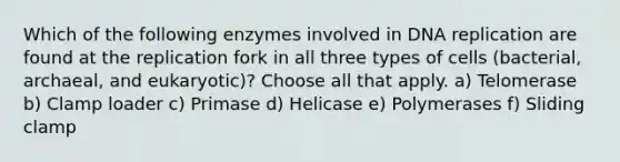 Which of the following enzymes involved in <a href='https://www.questionai.com/knowledge/kofV2VQU2J-dna-replication' class='anchor-knowledge'>dna replication</a> are found at the replication fork in all three types of cells (bacterial, archaeal, and eukaryotic)? Choose all that apply. a) Telomerase b) Clamp loader c) Primase d) Helicase e) Polymerases f) Sliding clamp