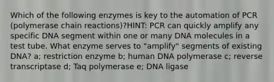 Which of the following enzymes is key to the automation of PCR (polymerase chain reactions)?HINT: PCR can quickly amplify any specific DNA segment within one or many DNA molecules in a test tube. What enzyme serves to "amplify" segments of existing DNA? a; restriction enzyme b; human DNA polymerase c; reverse transcriptase d; Taq polymerase e; DNA ligase