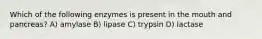 Which of the following enzymes is present in the mouth and pancreas? A) amylase B) lipase C) trypsin D) lactase