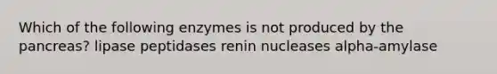 Which of the following enzymes is not produced by the pancreas? lipase peptidases renin nucleases alpha-amylase