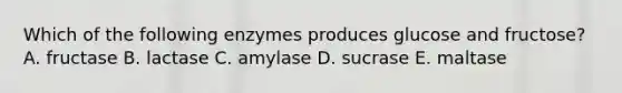 Which of the following enzymes produces glucose and fructose? A. fructase B. lactase C. amylase D. sucrase E. maltase