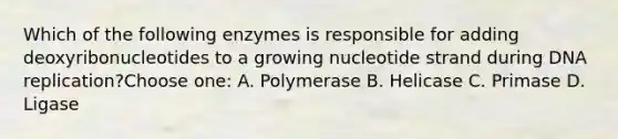 Which of the following enzymes is responsible for adding deoxyribonucleotides to a growing nucleotide strand during DNA replication?Choose one: A. Polymerase B. Helicase C. Primase D. Ligase