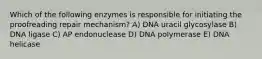 Which of the following enzymes is responsible for initiating the proofreading repair mechanism? A) DNA uracil glycosylase B) DNA ligase C) AP endonuclease D) DNA polymerase E) DNA helicase