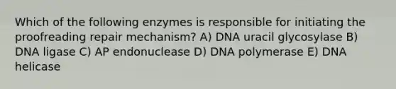 Which of the following enzymes is responsible for initiating the proofreading repair mechanism? A) DNA uracil glycosylase B) DNA ligase C) AP endonuclease D) DNA polymerase E) DNA helicase