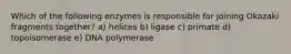 Which of the following enzymes is responsible for joining Okazaki fragments together? a) helices b) ligase c) primate d) topoisomerase e) DNA polymerase