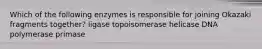 Which of the following enzymes is responsible for joining Okazaki fragments together? ligase topoisomerase helicase DNA polymerase primase