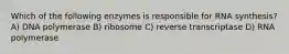 Which of the following enzymes is responsible for RNA synthesis? A) DNA polymerase B) ribosome C) reverse transcriptase D) RNA polymerase