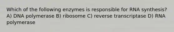 Which of the following enzymes is responsible for RNA synthesis? A) DNA polymerase B) ribosome C) reverse transcriptase D) RNA polymerase