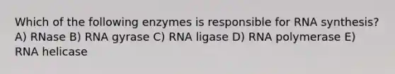 Which of the following enzymes is responsible for RNA synthesis? A) RNase B) RNA gyrase C) RNA ligase D) RNA polymerase E) RNA helicase