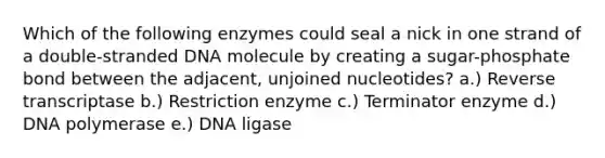 Which of the following enzymes could seal a nick in one strand of a double-stranded DNA molecule by creating a sugar-phosphate bond between the adjacent, unjoined nucleotides? a.) Reverse transcriptase b.) Restriction enzyme c.) Terminator enzyme d.) DNA polymerase e.) DNA ligase