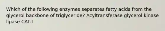 Which of the following enzymes separates fatty acids from the glycerol backbone of triglyceride? Acyltransferase glycerol kinase lipase CAT-I