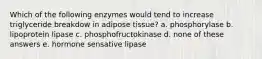 Which of the following enzymes would tend to increase triglyceride breakdow in adipose tissue? a. phosphorylase b. lipoprotein lipase c. phosphofructokinase d. none of these answers e. hormone sensative lipase