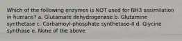 Which of the following enzymes is NOT used for NH3 assimilation in humans? a. Glutamate dehydrogenase b. Glutamine synthetase c. Carbamoyl-phosphate synthetase-II d. Glycine synthase e. None of the above