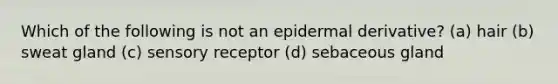 Which of the following is not an epidermal derivative? (a) hair (b) sweat gland (c) sensory receptor (d) sebaceous gland