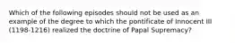 Which of the following episodes should not be used as an example of the degree to which the pontificate of Innocent III (1198-1216) realized the doctrine of Papal Supremacy?