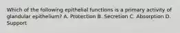 Which of the following epithelial functions is a primary activity of glandular epithelium? A. Protection B. Secretion C. Absorption D. Support