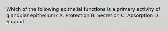 Which of the following epithelial functions is a primary activity of glandular epithelium? A. Protection B. Secretion C. Absorption D. Support