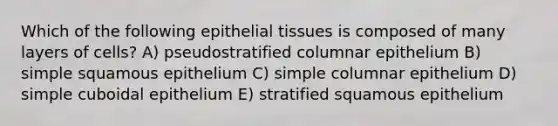 Which of the following epithelial tissues is composed of many layers of cells? A) pseudostratified columnar epithelium B) simple squamous epithelium C) simple columnar epithelium D) simple cuboidal epithelium E) stratified squamous epithelium