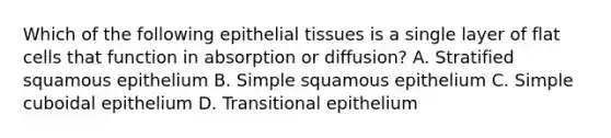 Which of the following epithelial tissues is a single layer of flat cells that function in absorption or diffusion? A. Stratified squamous epithelium B. Simple squamous epithelium C. Simple cuboidal epithelium D. Transitional epithelium