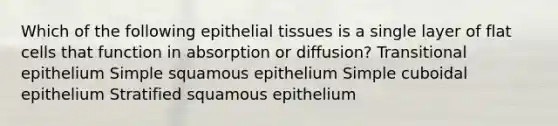 Which of the following epithelial tissues is a single layer of flat cells that function in absorption or diffusion? Transitional epithelium Simple squamous epithelium Simple cuboidal epithelium Stratified squamous epithelium