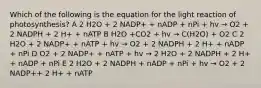 Which of the following is the equation for the light reaction of photosynthesis? A 2 H2O + 2 NADP+ + nADP + nPi + hv → O2 + 2 NADPH + 2 H+ + nATP B H2O +CO2 + hv → C(H2O) + O2 C 2 H2O + 2 NADP+ + nATP + hv → O2 + 2 NADPH + 2 H+ + nADP + nPi D O2 + 2 NADP+ + nATP + hv → 2 H2O + 2 NADPH + 2 H+ + nADP + nPi E 2 H2O + 2 NADPH + nADP + nPi + hv → O2 + 2 NADP++ 2 H+ + nATP