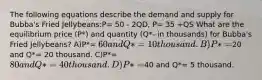 The following equations describe the demand and supply for Bubba's Fried Jellybeans:P= 50 - 2QD, P= 35 +QS What are the equilibrium price (P*) and quantity (Q*- in thousands) for Bubba's Fried Jellybeans? A)P*= 60 and Q*= 10 thousand. B)P*=20 and Q*= 20 thousand. C)P*= 80 and Q*= 40 thousand. D)P*=40 and Q*= 5 thousand.