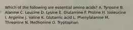 Which of the following are essential amino acids? A. Tyrosine B. Alanine C. Leucine D. Lysine E. Glutamine F. Proline H. Isoleucine I. Arginine J. Valine K. Glutamic acid L. Phenylalanine M. Threonine N. Methionine O. Tryptophan