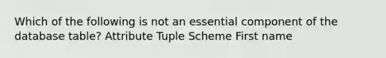 Which of the following is not an essential component of the database table? Attribute Tuple Scheme First name