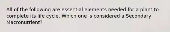 All of the following are essential elements needed for a plant to complete its life cycle. Which one is considered a Secondary Macronutrient?