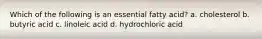 Which of the following is an essential fatty acid? a. cholesterol b. butyric acid c. linoleic acid d. hydrochloric acid