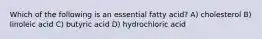 Which of the following is an essential fatty acid? A) cholesterol B) linoleic acid C) butyric acid D) hydrochloric acid