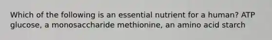 Which of the following is an essential nutrient for a human? ATP glucose, a monosaccharide methionine, an amino acid starch