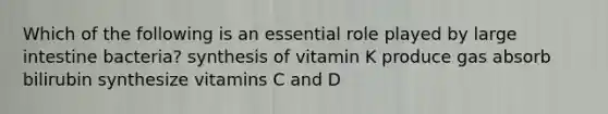 Which of the following is an essential role played by large intestine bacteria? synthesis of vitamin K produce gas absorb bilirubin synthesize vitamins C and D