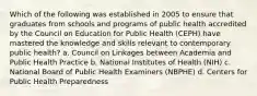 Which of the following was established in 2005 to ensure that graduates from schools and programs of public health accredited by the Council on Education for Public Health (CEPH) have mastered the knowledge and skills relevant to contemporary public health? a. Council on Linkages between Academia and Public Health Practice b. National Institutes of Health (NIH) c. National Board of Public Health Examiners (NBPHE) d. Centers for Public Health Preparedness