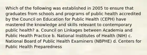 Which of the following was established in 2005 to ensure that graduates from schools and programs of public health accredited by the Council on Education for Public Health (CEPH) have mastered the knowledge and skills relevant to contemporary public health? a. Council on Linkages between Academia and Public Health Practice b. National Institutes of Health (NIH) c. National Board of Public Health Examiners (NBPHE) d. Centers for Public Health Preparedness