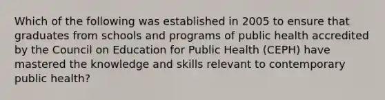 Which of the following was established in 2005 to ensure that graduates from schools and programs of public health accredited by the Council on Education for Public Health (CEPH) have mastered the knowledge and skills relevant to contemporary public health?