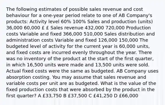 The following estimates of possible sales revenue and cost behaviour for a one-year period relate to one of AB Company's products: Activity level 60% 100% Sales and production (units) 36,000 60,000 £ £ Sales revenue 432,000 720,000 Production costs Variable and fixed 366,000 510,000 Sales distribution and administration costs Variable and fixed 126,000 150,000 The budgeted level of activity for the current year is 60,000 units, and fixed costs are incurred evenly throughout the year. There was no inventory of the product at the start of the first quarter, in which 16,500 units were made and 13,500 units were sold. Actual fixed costs were the same as budgeted. AB Company uses absorption costing. You may assume that sales revenue and variable costs per unit are as budgeted. What is the value of the fixed production costs that were absorbed by the product in the first quarter? A £33,750 B £37,500 C £41,250 D £66,000