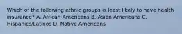 Which of the following ethnic groups is least likely to have health insurance? A. African Americans B. Asian Americans C. Hispanics/Latinos D. Native Americans