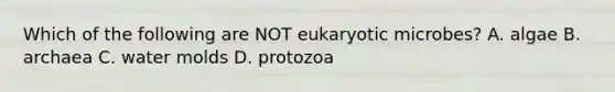 Which of the following are NOT eukaryotic microbes? A. algae B. archaea C. water molds D. protozoa