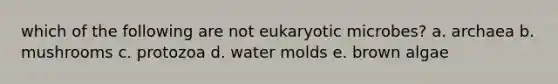 which of the following are not eukaryotic microbes? a. archaea b. mushrooms c. protozoa d. water molds e. brown algae