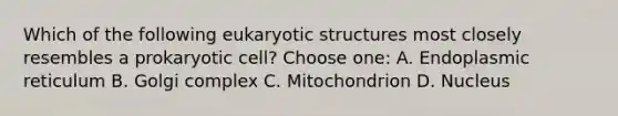 Which of the following eukaryotic structures most closely resembles a prokaryotic cell? Choose one: A. Endoplasmic reticulum B. Golgi complex C. Mitochondrion D. Nucleus