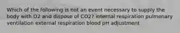 Which of the following is not an event necessary to supply the body with O2 and dispose of CO2? internal respiration pulmonary ventilation external respiration blood pH adjustment