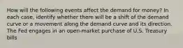 How will the following events affect the demand for money? In each case, identify whether there will be a shift of the demand curve or a movement along the demand curve and its direction. The Fed engages in an open-market purchase of U.S. Treasury bills