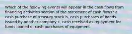 Which of the following events will appear in the cash flows from financing activities section of the statement of cash flows? a. cash purchase of treasury stock b. cash purchases of bonds issued by another company c. cash received as repayment for funds loaned d. cash purchases of equipment