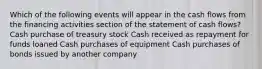 Which of the following events will appear in the cash flows from the financing activities section of the statement of cash flows? Cash purchase of treasury stock Cash received as repayment for funds loaned Cash purchases of equipment Cash purchases of bonds issued by another company