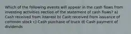 Which of the following events will appear in the cash flows from investing activities section of the statement of cash flows? a) Cash received from interest b) Cash received from issuance of common stock c) Cash purchase of truck d) Cash payment of dividends