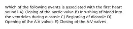 Which of the following events is associated with the first heart sound? A) Closing of the aortic valve B) Inrushing of blood into the ventricles during diastole C) Beginning of diastole D) Opening of the A-V valves E) Closing of the A-V valves