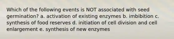 Which of the following events is NOT associated with seed germination? a. activation of existing enzymes b. imbibition c. synthesis of food reserves d. initiation of cell division and cell enlargement e. synthesis of new enzymes